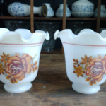 VTG Set 2 White Glass Ruffled Printed Flowers Sconce Fan Lamp Shade 2-1/8 Fitter