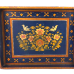 Hand Painted Indian Wooden Serving Tray w/Handles Ornate Floral Blue Distressed