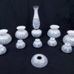 VTG Glass Chandelier Lamp Old Town Blue Print White Hurricane Shades 3.75 Fitter