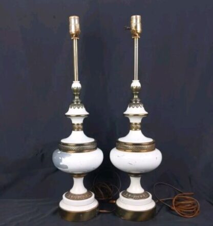 VTG 26" Set/Pair 2 Stiffel Hollywood Regency White/Gold Metal Table Lamps 1960s - Image 2