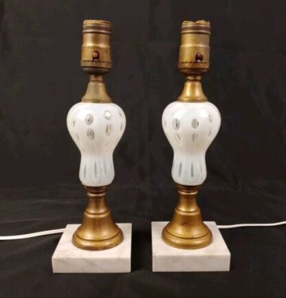 VTG Set of Fenton Coin Dot White Milk Glass Lamps 11" Nightstand Boudoir Pair