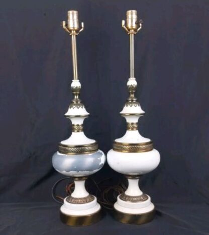 VTG 26" Set/Pair 2 Stiffel Hollywood Regency White/Gold Metal Table Lamps 1960s