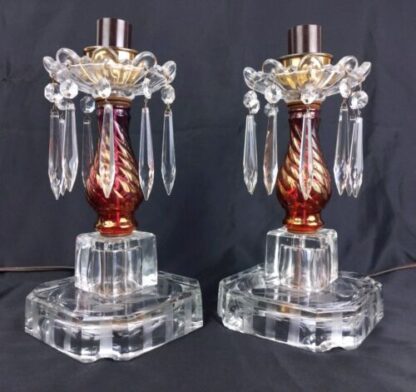 VTG Pair Cut Glass Boudoir Lamps 11" Crystals Clear Red Ornate Carling Bakelite