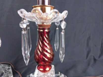 VTG Pair Cut Glass Boudoir Lamps 11" Crystals Clear Red Ornate Carling Bakelite - Image 10