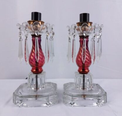 VTG Pair Cut Glass Boudoir Lamps 11" Crystals Clear Red Ornate Carling Bakelite - Image 16