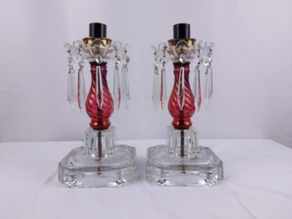 VTG Pair Cut Glass Boudoir Lamps 11" Crystals Clear Red Ornate Carling Bakelite - Image 17