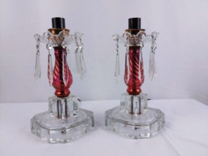 VTG Pair Cut Glass Boudoir Lamps 11" Crystals Clear Red Ornate Carling Bakelite - Image 18