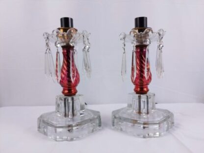 VTG Pair Cut Glass Boudoir Lamps 11" Crystals Clear Red Ornate Carling Bakelite - Image 19