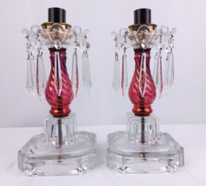 VTG Pair Cut Glass Boudoir Lamps 11" Crystals Clear Red Ornate Carling Bakelite - Image 2