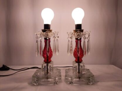 VTG Pair Cut Glass Boudoir Lamps 11" Crystals Clear Red Ornate Carling Bakelite - Image 3