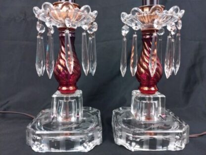 VTG Pair Cut Glass Boudoir Lamps 11" Crystals Clear Red Ornate Carling Bakelite - Image 4