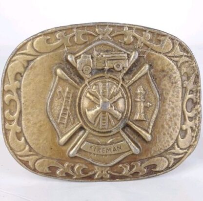 Vintage 1970s Fireman Ornate Bronze Belt Buckle Large 3.5" x 2.75" Fire Fighter