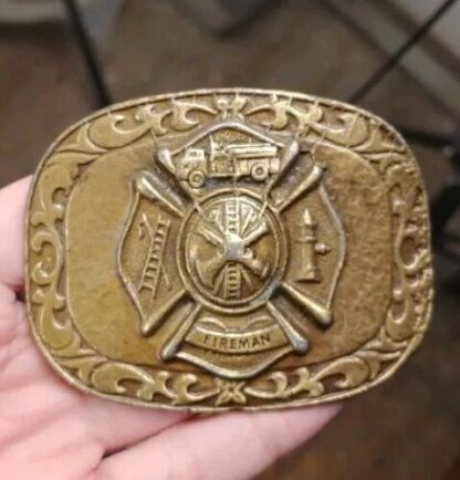 Vintage 1970s Fireman Ornate Bronze Belt Buckle Large 3.5" x 2.75" Fire Fighter - Image 2