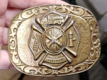 Vintage 1970s Fireman Ornate Bronze Belt Buckle Large 3.5" x 2.75" Fire Fighter - Image 3