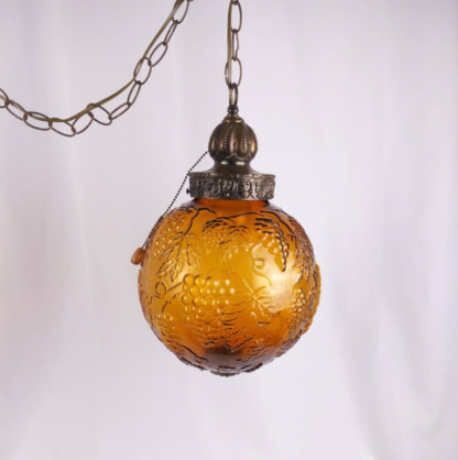 VTG 16" Amber Glass Swag Lamp Grape Motif Hanging Ceiling Chain MCM Accent