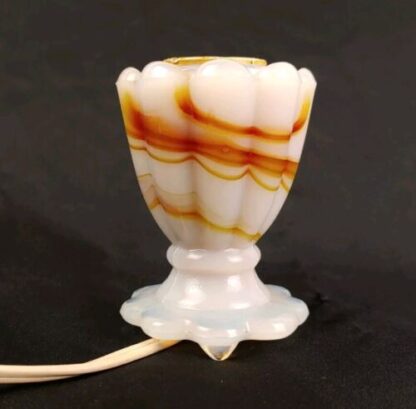 VTG Akro Agate Slag Milk Glass Mini Accent Lamp Swirled Wht/Brwn/Orange Art Deco