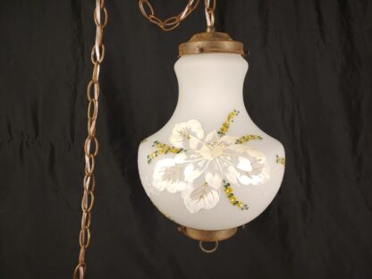 VTG MCM 17" Frosted Swag Lamp Handpainted Floral White Glass Chic Shabby Retro