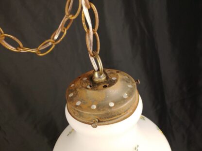 VTG MCM 17" Frosted Swag Lamp Handpainted Floral White Glass Chic Shabby Retro - Image 9