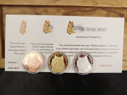 LOT 2021 Physical Dogecoin, Shibe Mint .999 Silver, Copper, 24k Gold Plate w/COA