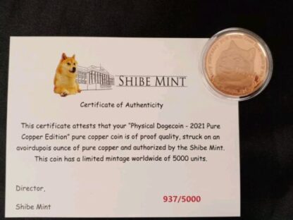 LOT 2021 Physical Dogecoin, Shibe Mint .999 Silver, Copper, 24k Gold Plate w/COA - Image 8