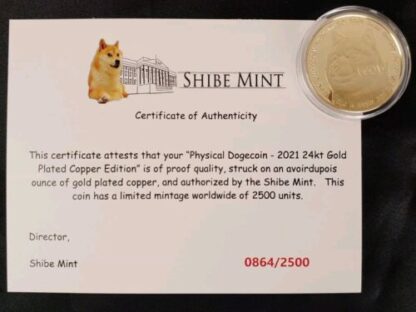 LOT 2021 Physical Dogecoin, Shibe Mint .999 Silver, Copper, 24k Gold Plate w/COA - Image 9