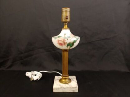 VTG 13" Art Deco Hand-Painted Floral White Glass, Brass And Marble Lamp Bakelite