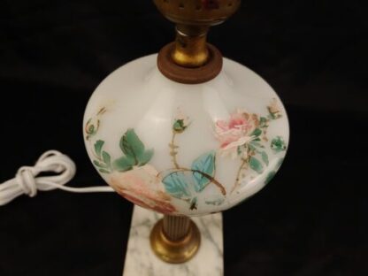 VTG 13" Art Deco Hand-Painted Floral White Glass, Brass And Marble Lamp Bakelite - Image 10