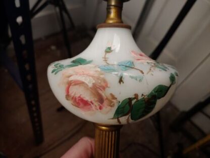 VTG 13" Art Deco Hand-Painted Floral White Glass, Brass And Marble Lamp Bakelite - Image 15