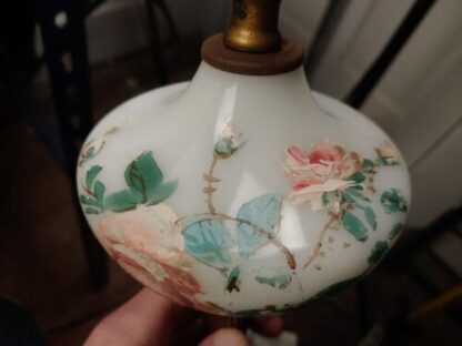 VTG 13" Art Deco Hand-Painted Floral White Glass, Brass And Marble Lamp Bakelite - Image 16