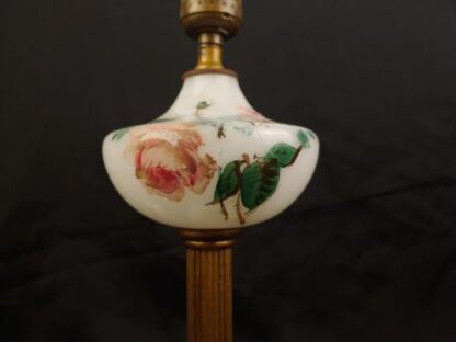 VTG 13" Art Deco Hand-Painted Floral White Glass, Brass And Marble Lamp Bakelite - Image 3