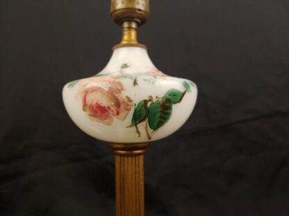 VTG 13" Art Deco Hand-Painted Floral White Glass, Brass And Marble Lamp Bakelite - Image 4