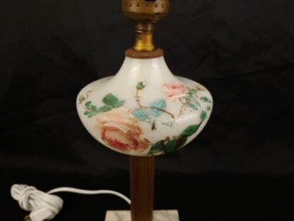 VTG 13" Art Deco Hand-Painted Floral White Glass, Brass And Marble Lamp Bakelite - Image 5