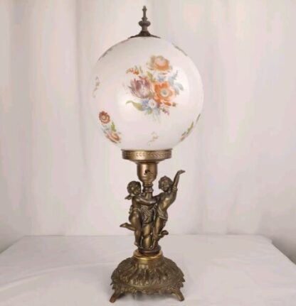 Vintage 24" Cherub Floral Gone With The Wind Style Table Parlor Lamp Glass Globe