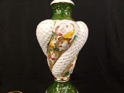 VTG 20" Capodimonte Style Cherub Porcelain Lamp White Green Swirl Dolphin Base - Image 7