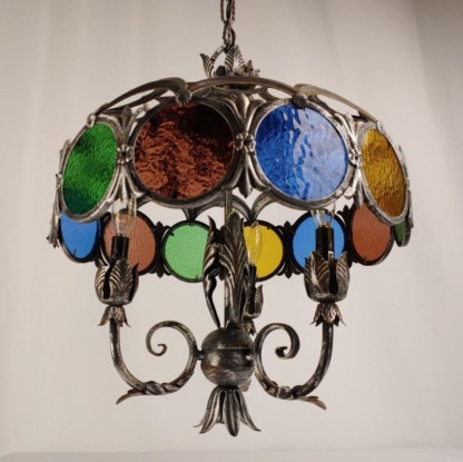 VTG Stained Glass Spanish Mediterranean Gothic Revival Chandelier Ceiling Light