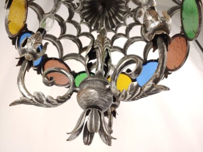 VTG Stained Glass Spanish Mediterranean Gothic Revival Chandelier Ceiling Light - Image 15