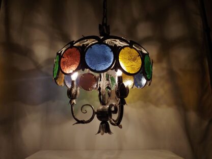 VTG Stained Glass Spanish Mediterranean Gothic Revival Chandelier Ceiling Light - Image 2