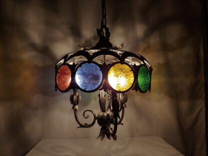 VTG Stained Glass Spanish Mediterranean Gothic Revival Chandelier Ceiling Light - Image 3