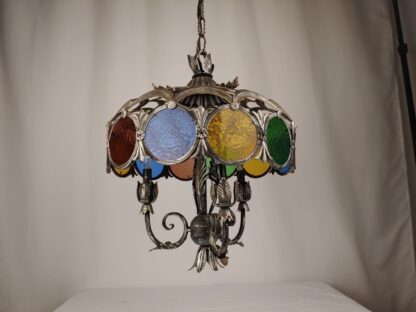 VTG Stained Glass Spanish Mediterranean Gothic Revival Chandelier Ceiling Light - Image 5