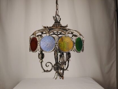 VTG Stained Glass Spanish Mediterranean Gothic Revival Chandelier Ceiling Light - Image 6