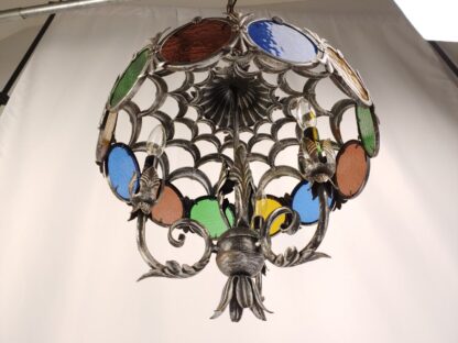 VTG Stained Glass Spanish Mediterranean Gothic Revival Chandelier Ceiling Light - Image 9