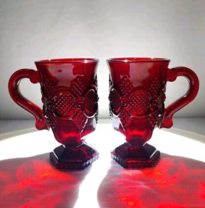 Avon 1876 Cape Cod Collection Ruby Red Glassware Foot Pedestal Mugs Set of 2