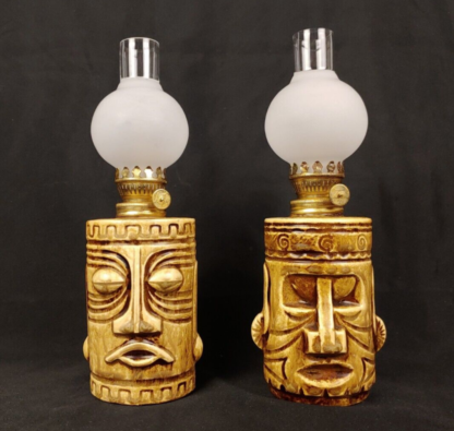 Vintage Westwood Set of 2 Ceramic Tiki Oil Kerosene Lamps w/Chimneys Japan Moai