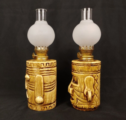 Vintage Westwood Set of 2 Ceramic Tiki Oil Kerosene Lamps w/Chimneys Japan Moai - Image 2