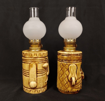 Vintage Westwood Set of 2 Ceramic Tiki Oil Kerosene Lamps w/Chimneys Japan Moai - Image 4