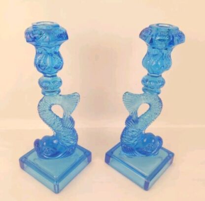 Pair of Metropolitan Museum MMA Sandwich Glass Dolphin Candlesticks Koi Blue