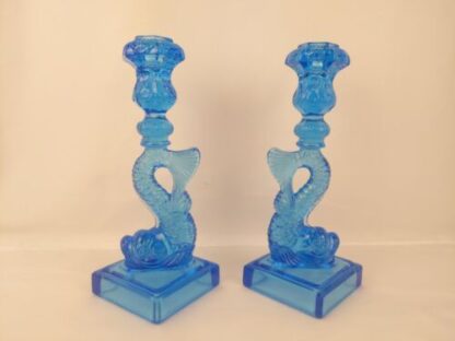 Pair of Metropolitan Museum MMA Sandwich Glass Dolphin Candlesticks Koi Blue - Image 2