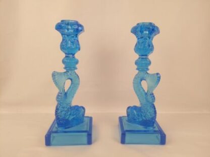 Pair of Metropolitan Museum MMA Sandwich Glass Dolphin Candlesticks Koi Blue - Image 3