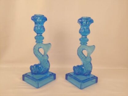 Pair of Metropolitan Museum MMA Sandwich Glass Dolphin Candlesticks Koi Blue - Image 4