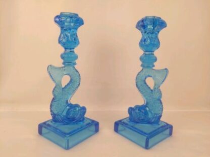 Pair of Metropolitan Museum MMA Sandwich Glass Dolphin Candlesticks Koi Blue - Image 5